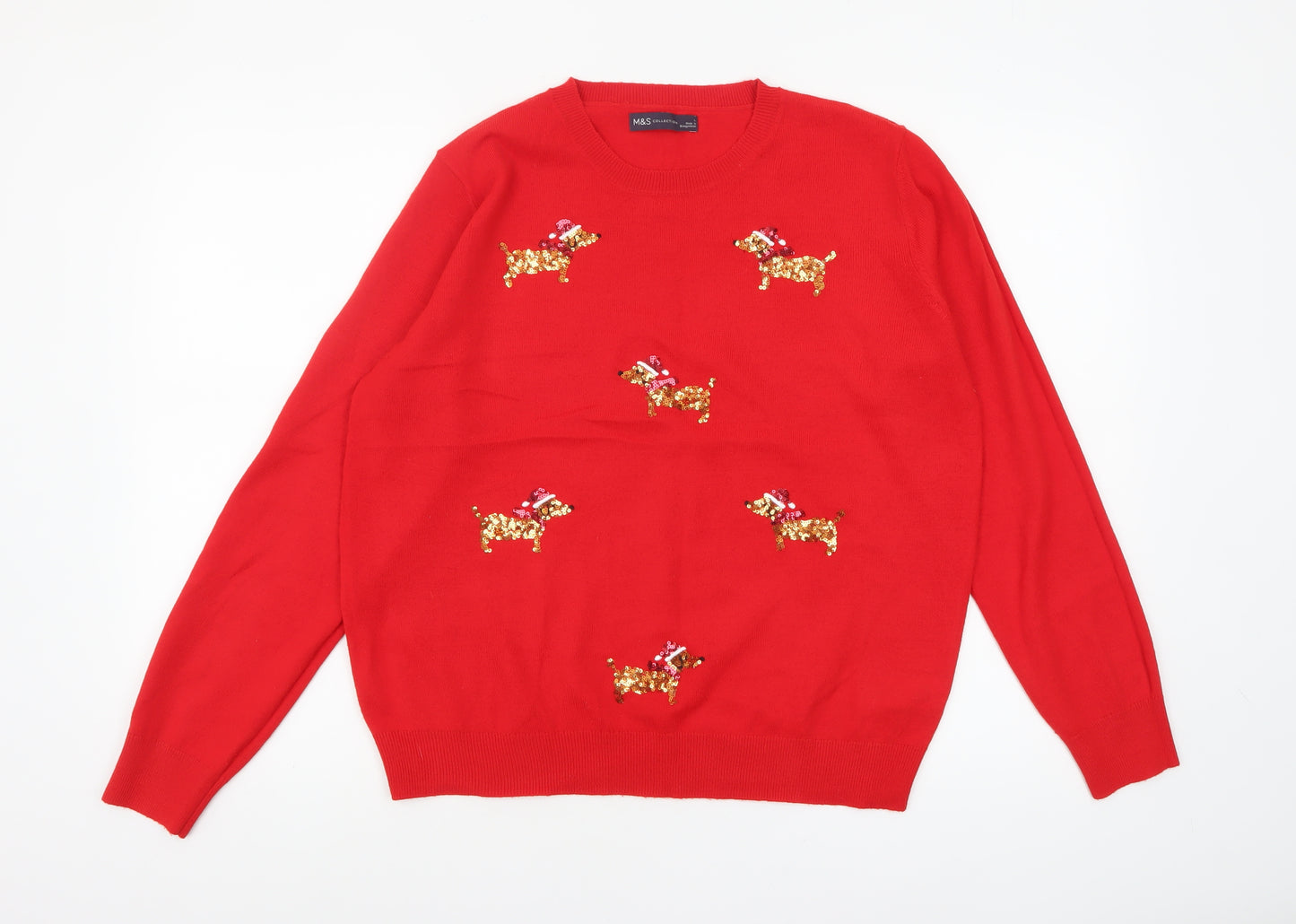 Marks and Spencer Womens Red Sequin Dog Christmas Jumper L