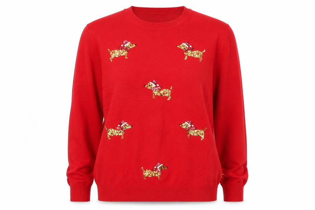 Front view of Marks & Spencer women’s red sequin dog christmas jumper l