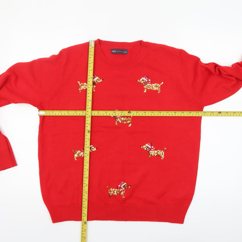Marks and Spencer Womens Red Sequin Dog Christmas Jumper L