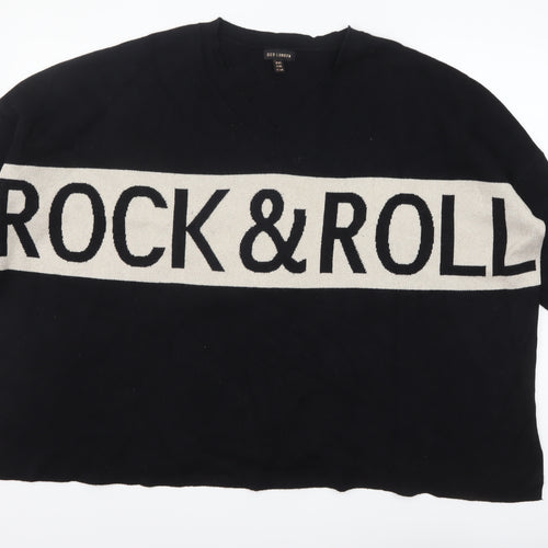 QED London Womens Black Rock & Roll V-Neck Pullover Jumper M/L