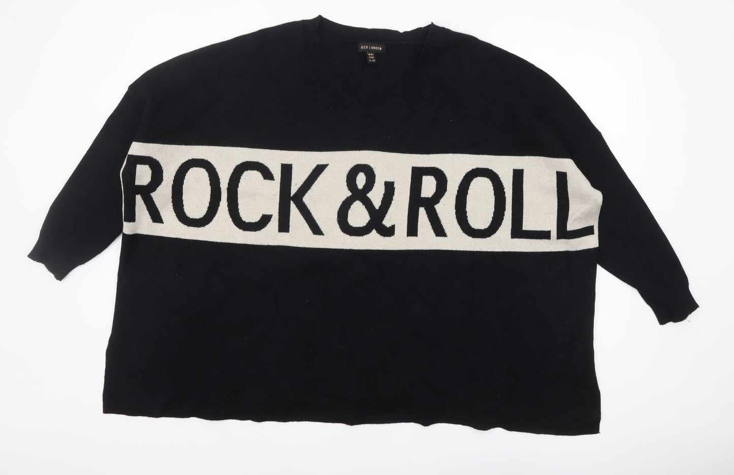 QED London Womens Black Rock & Roll V-Neck Pullover Jumper M/L