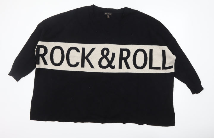 QED London Womens Black Rock & Roll V-Neck Pullover Jumper M/L