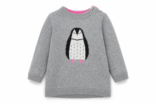 Front view of Joules girls’ grey penguin jumper 9-12 months cotton wool knit winter