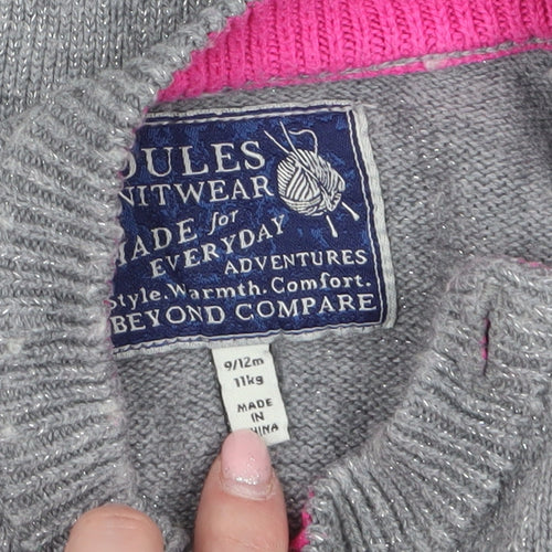 Joules Girls Grey Penguin Jumper 9-12 Months Cotton Wool Knit Winter