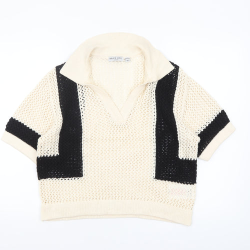Brave Soul Women’s Beige Collared Open-Knit Short Sleeve Jumper M