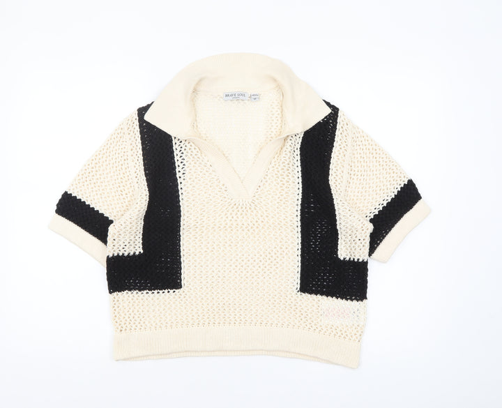 Brave Soul Women’s Beige Collared Open-Knit Short Sleeve Jumper M