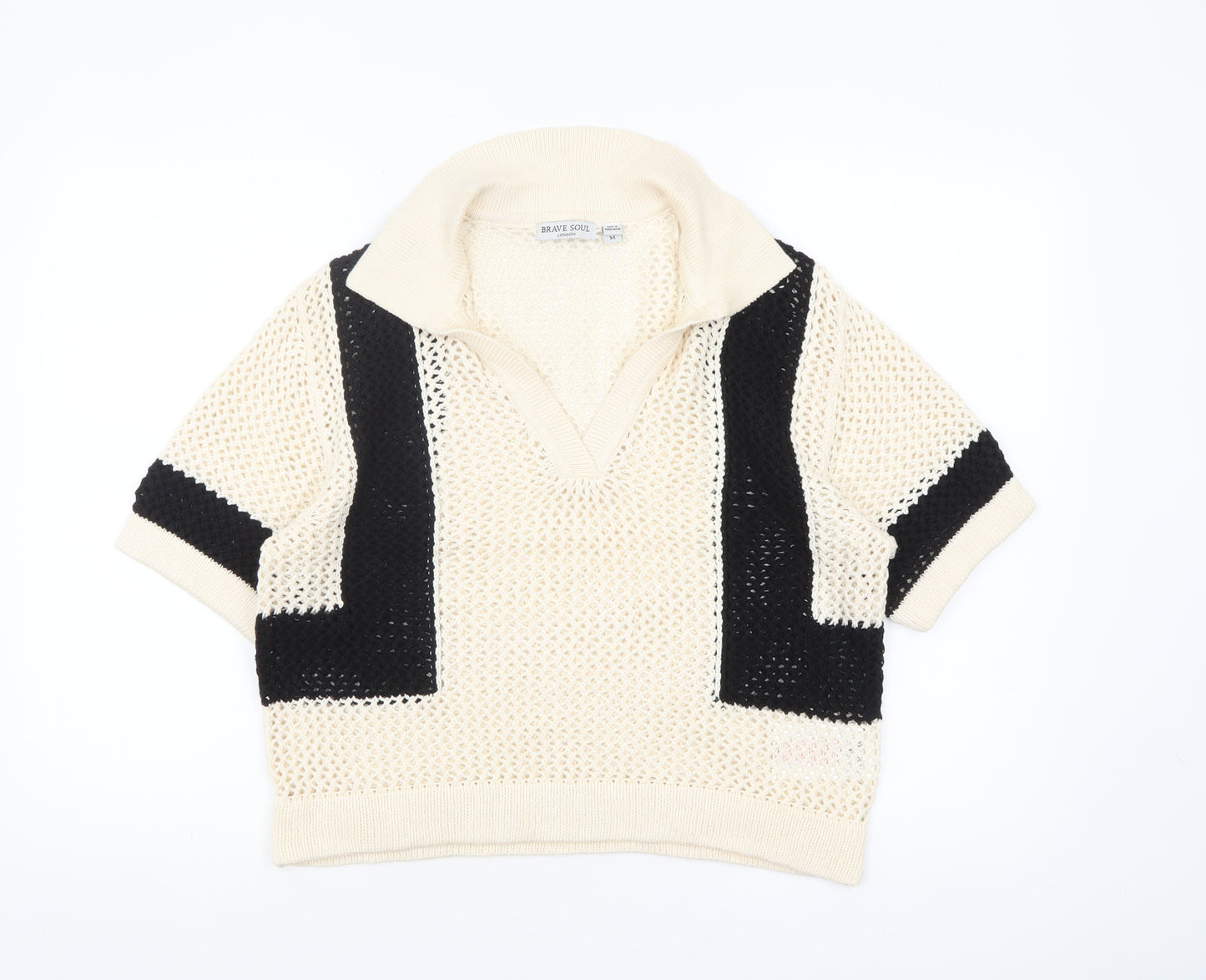Brave Soul Women’s Beige Collared Open-Knit Short Sleeve Jumper M