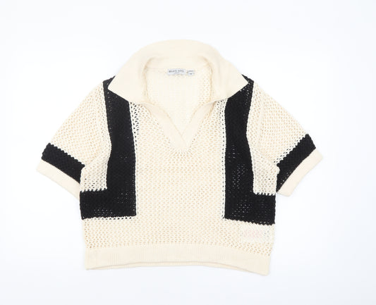 Brave Soul Women’s Beige Collared Open-Knit Short Sleeve Jumper M