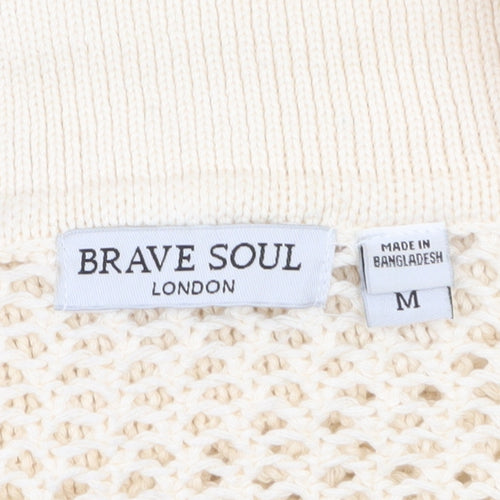 Brave Soul Women’s Beige Collared Open-Knit Short Sleeve Jumper M