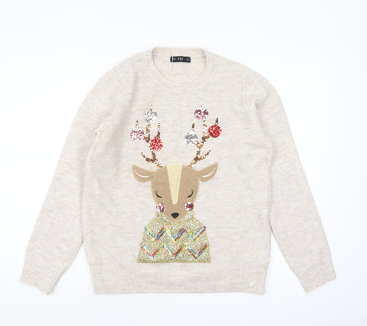 F&F Women’s Beige Christmas Reindeer Sequin Jumper Size 12