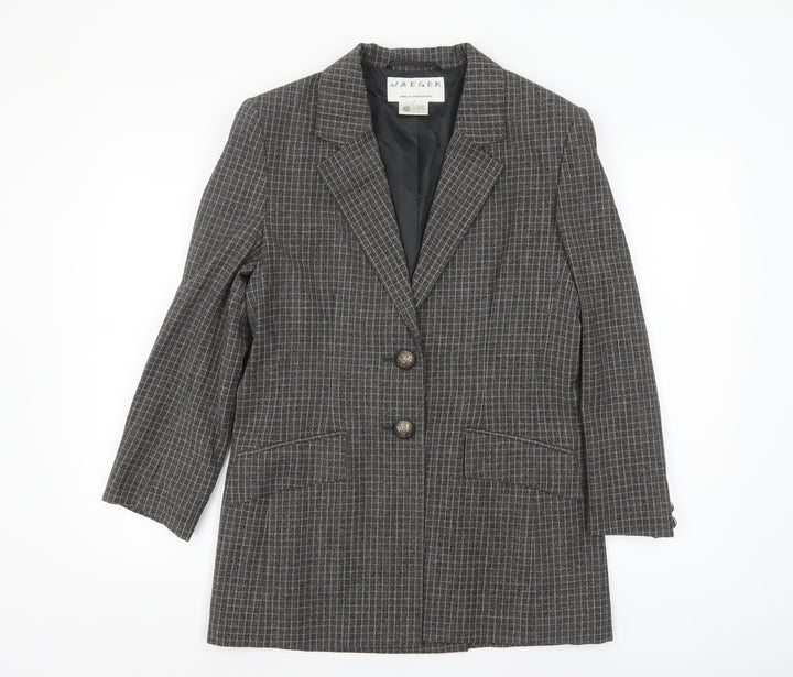 Jaeger Women's Grey Wool Checked Single-Breasted Blazer UK 8