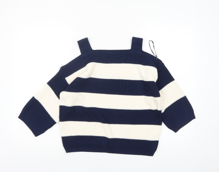 Marks and Spencer Women’s Blue White Striped Square Neck Cotton Jumper M