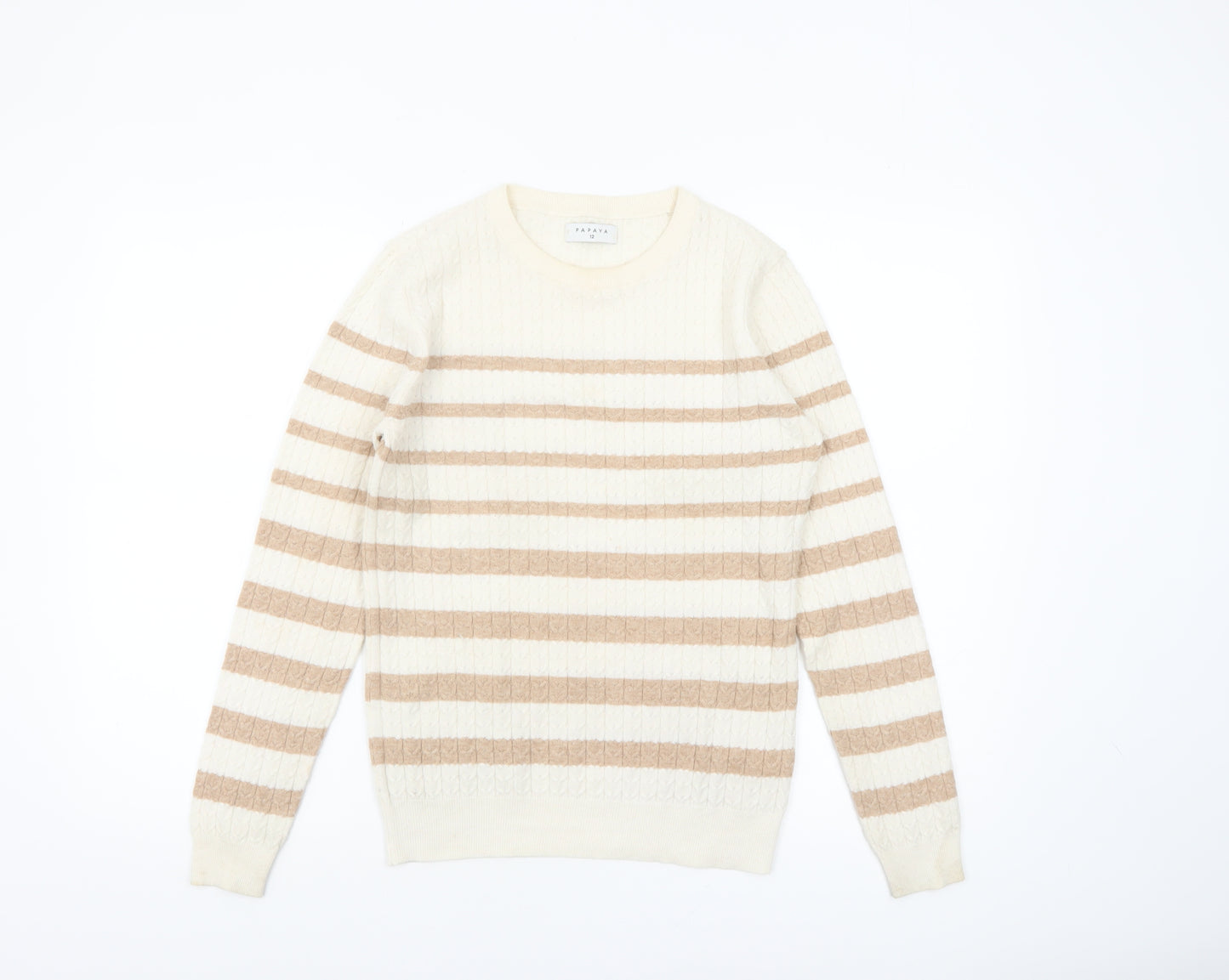 Papaya Women Beige Striped Cable-Knit Jumper Size 12