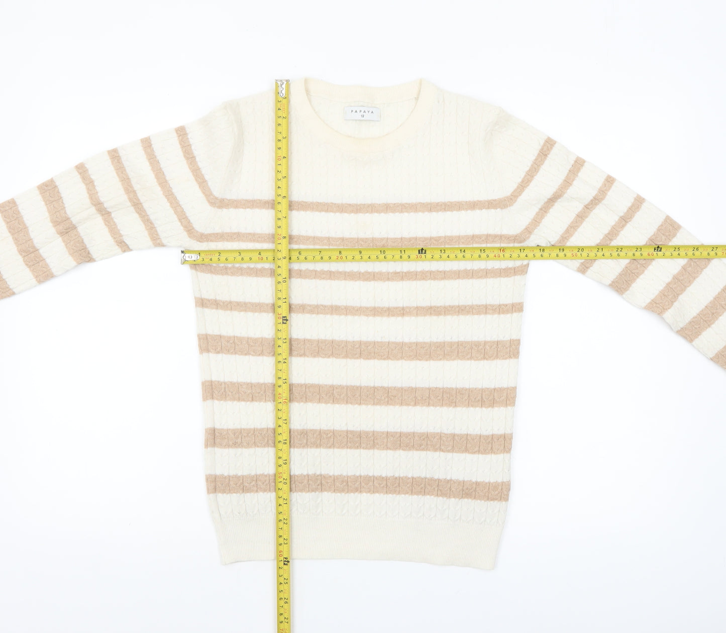 Papaya Women Beige Striped Cable-Knit Jumper Size 12