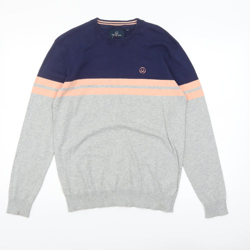 Duck and Cover Men's Grey & Navy Striped Crew Neck Jumper Size S