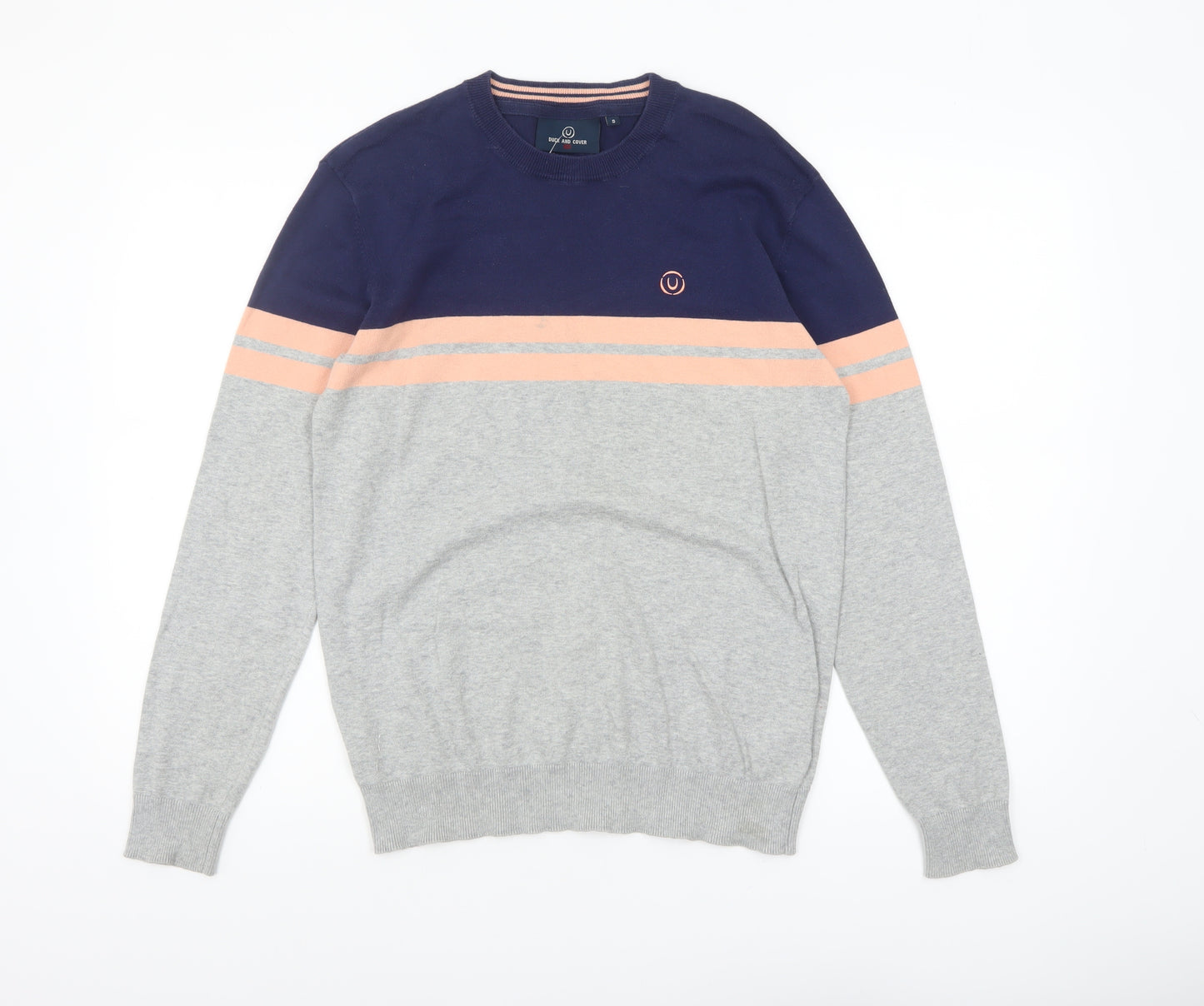 Duck and Cover Men's Grey & Navy Striped Crew Neck Jumper Size S