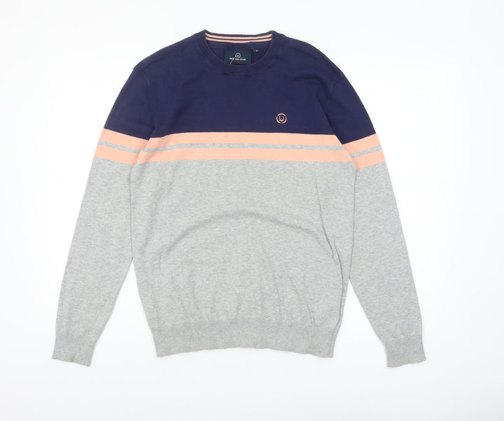Duck and Cover Men's Grey & Navy Striped Crew Neck Jumper Size S