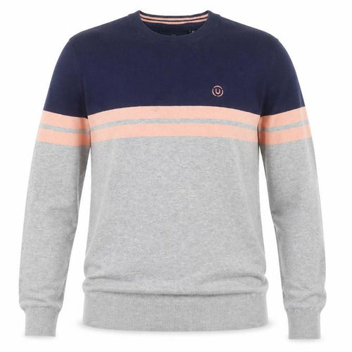 Duck and Cover Men's Grey & Navy Striped Crew Neck Jumper Size S