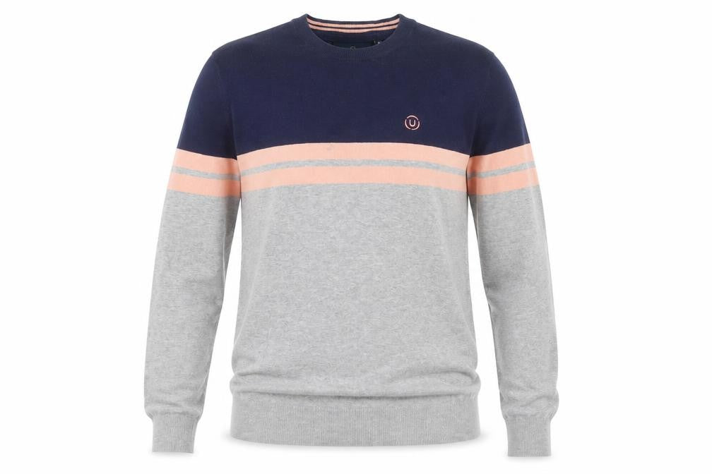 Duck and Cover Men's Grey & Navy Striped Crew Neck Jumper Size S