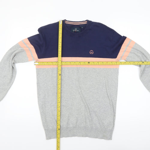 Duck and Cover Men's Grey & Navy Striped Crew Neck Jumper Size S