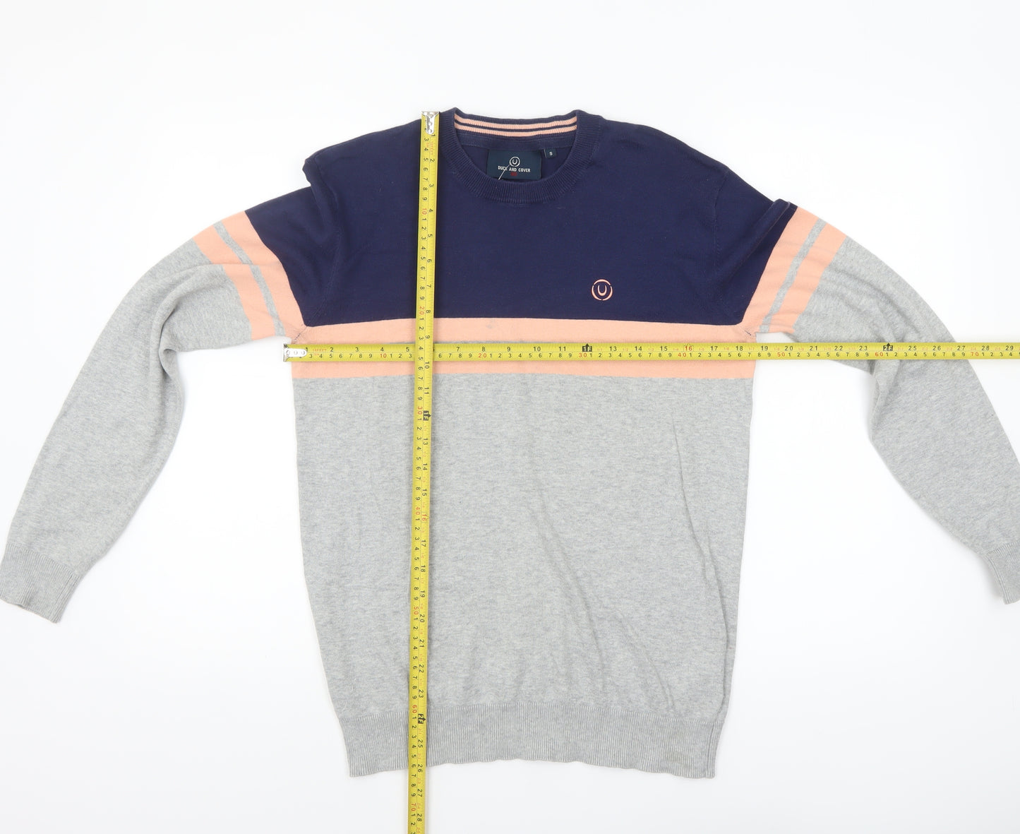 Duck and Cover Men's Grey & Navy Striped Crew Neck Jumper Size S