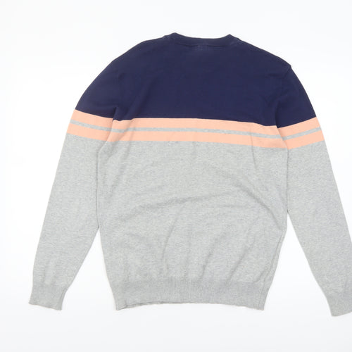 Duck and Cover Men's Grey & Navy Striped Crew Neck Jumper Size S