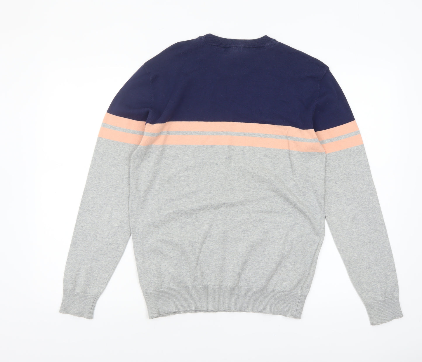 Duck and Cover Men's Grey & Navy Striped Crew Neck Jumper Size S