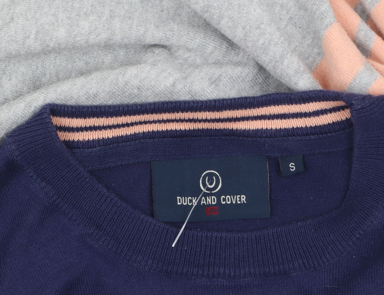 Duck and Cover Men's Grey & Navy Striped Crew Neck Jumper Size S