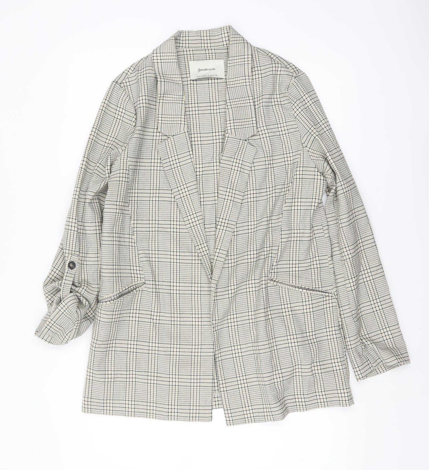 Stradivarius Women Beige Checked Single-Breasted Blazer Size 12