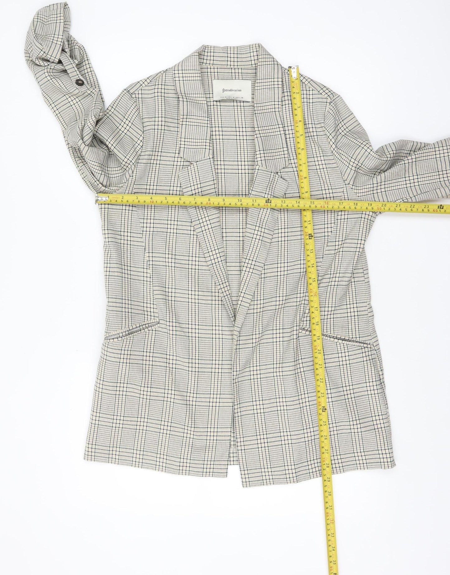 Stradivarius Women Beige Checked Single-Breasted Blazer Size 12