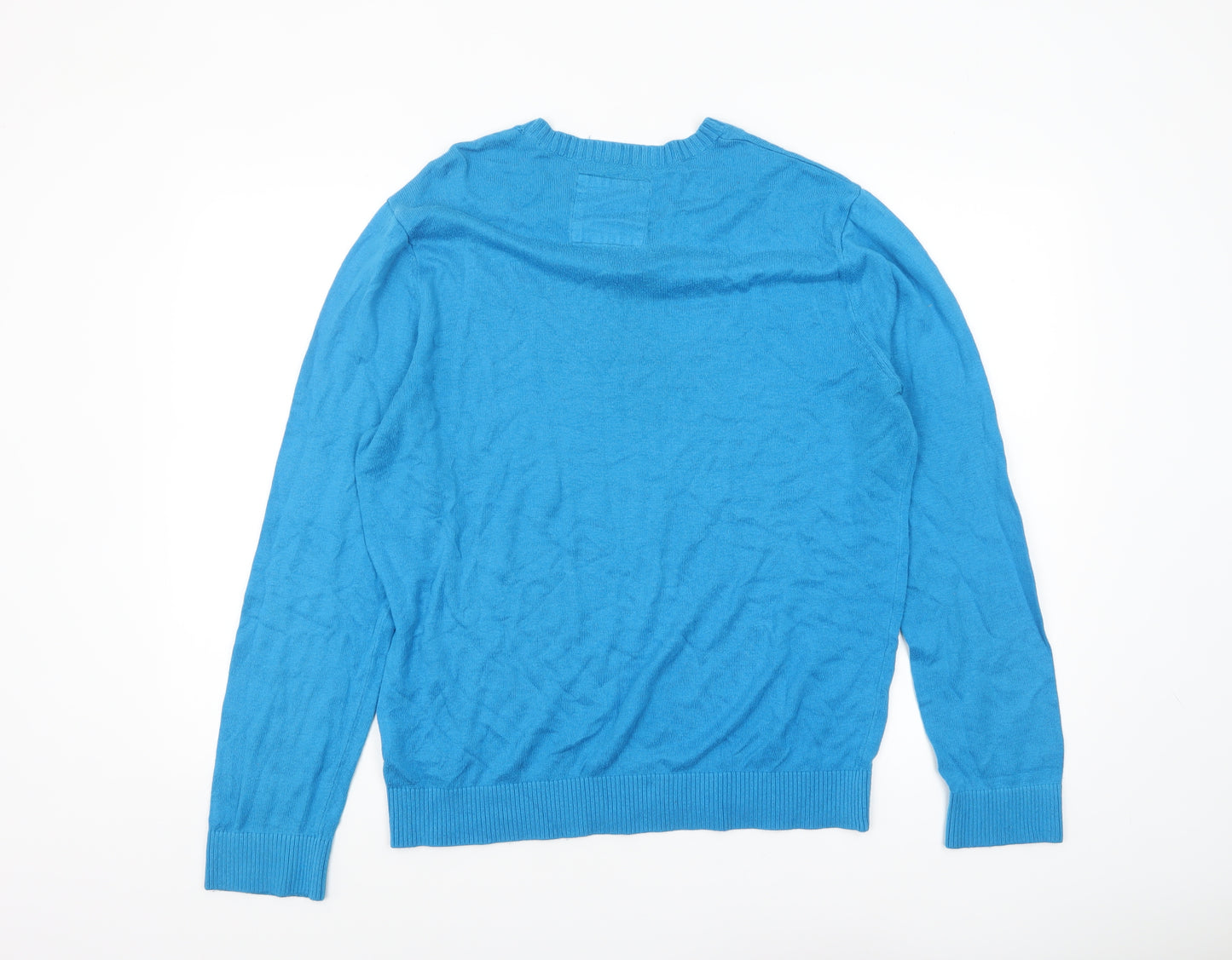 Hollister Men Blue L V-Neck Pullover Jumper Cotton Blend