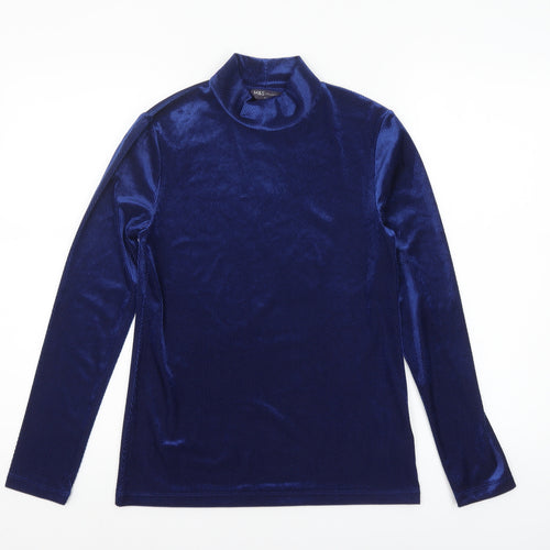 Marks and Spencer Women Blue Mock Neck Long Sleeve Velvet Top Size 8