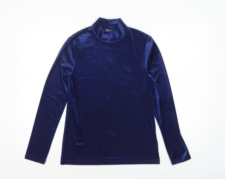 Marks and Spencer Women Blue Mock Neck Long Sleeve Velvet Top Size 8
