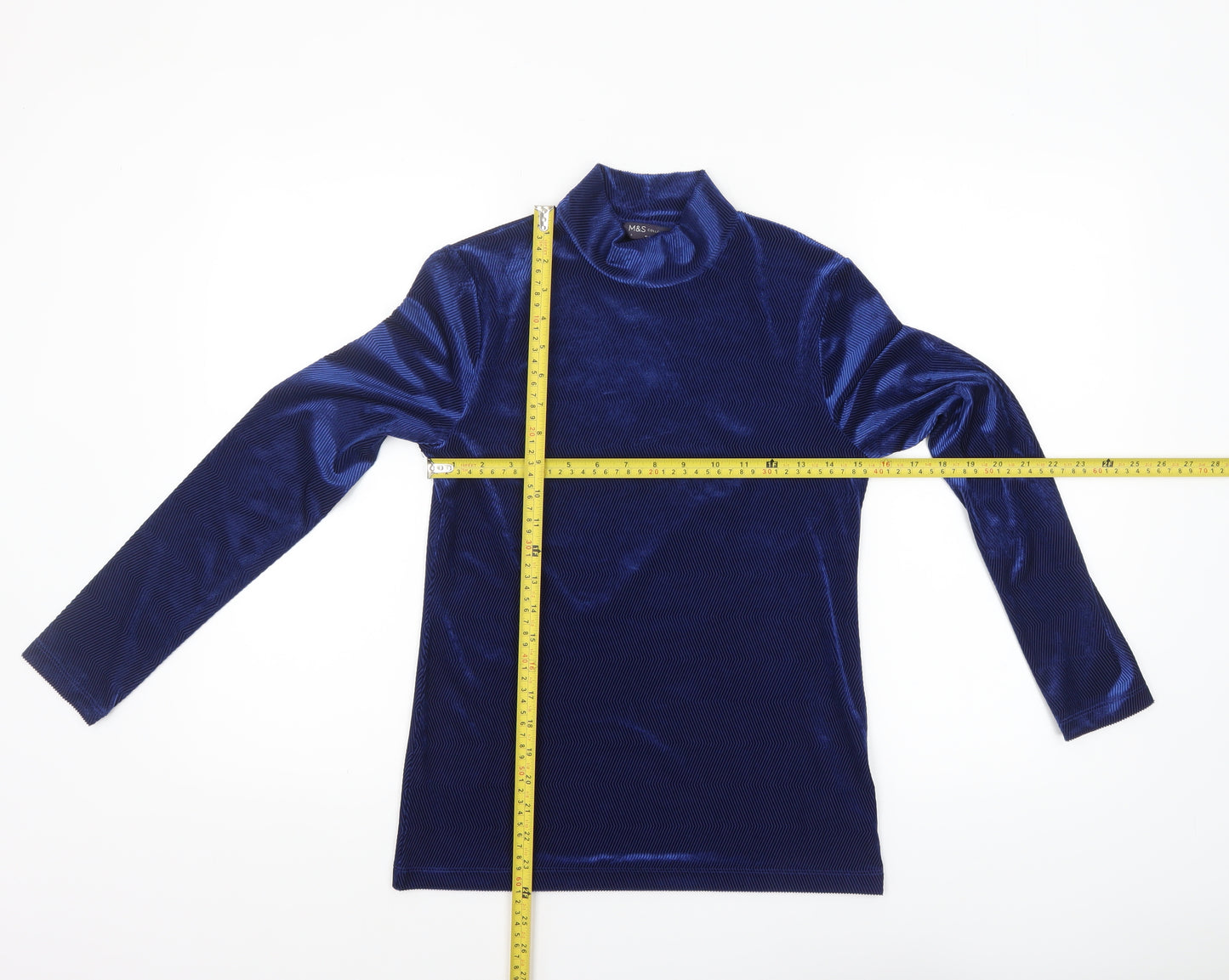 Marks and Spencer Women Blue Mock Neck Long Sleeve Velvet Top Size 8