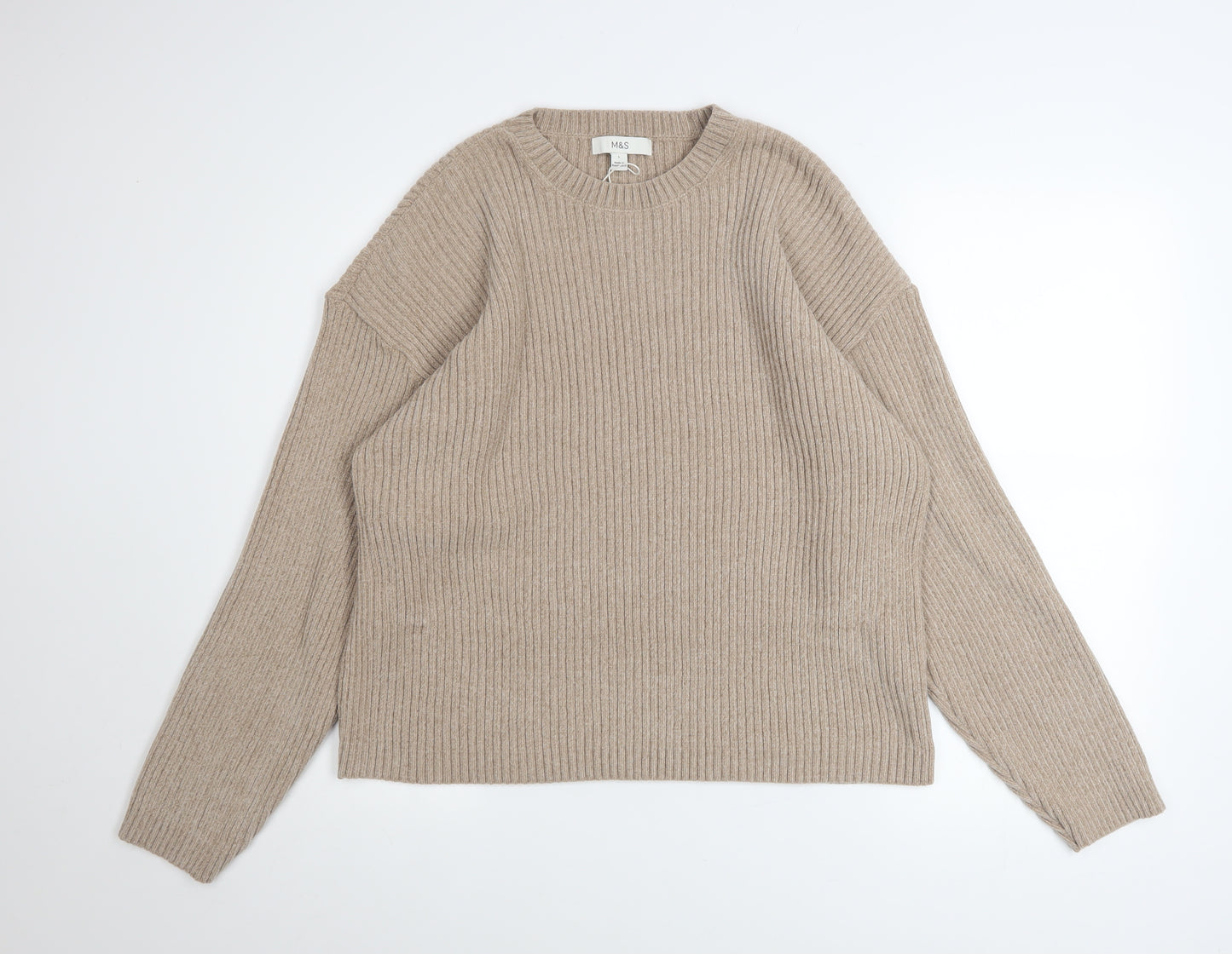 Marks and Spencer Women Beige Ribbed Knit Crew Neck Pullover Jumper L