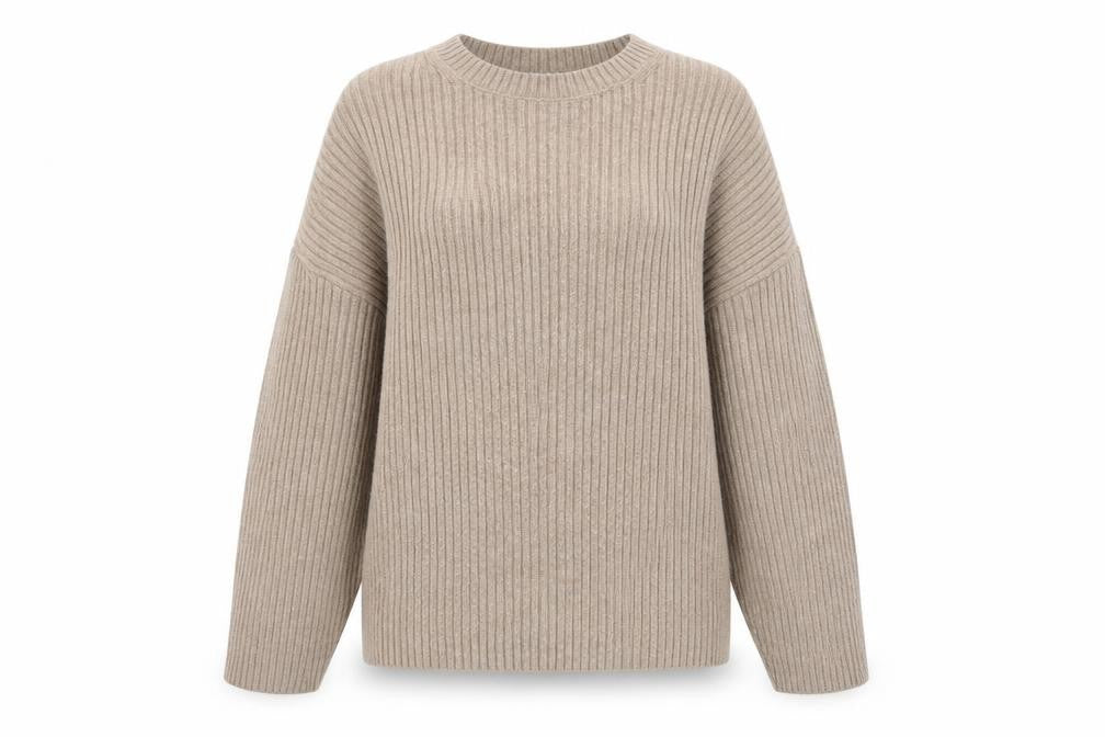 Front view of Marks & Spencer Women Beige Ribbed Knit Crew Neck jumper L