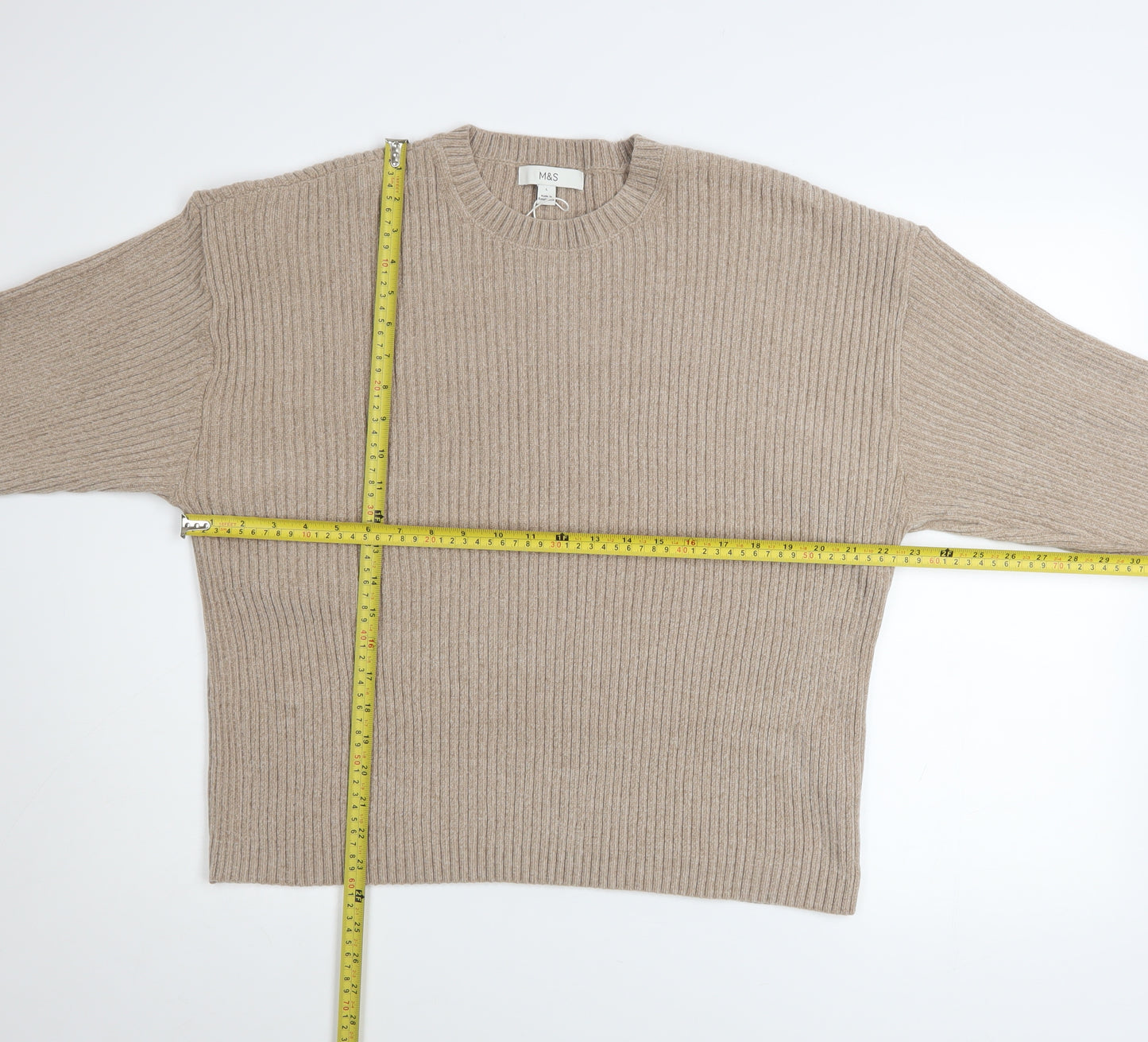 Marks and Spencer Women Beige Ribbed Knit Crew Neck Pullover Jumper L