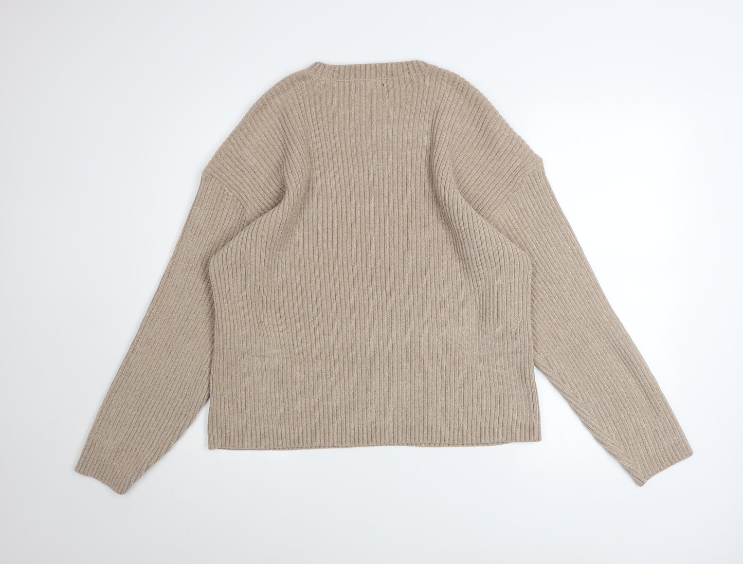 Marks and Spencer Women Beige Ribbed Knit Crew Neck Pullover Jumper L