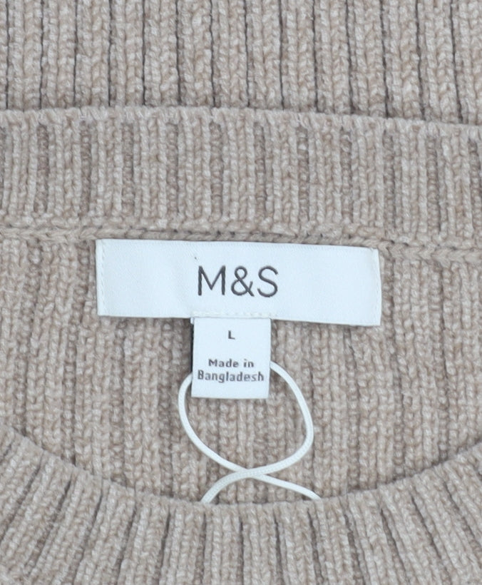 Marks and Spencer Women Beige Ribbed Knit Crew Neck Pullover Jumper L