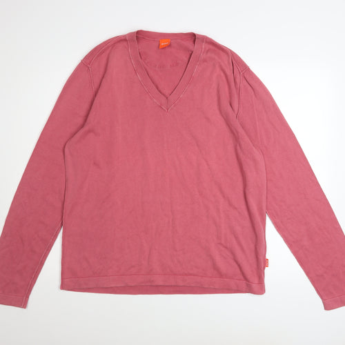 Hugo Boss Men's Pink Cotton V-Neck Jumper XL