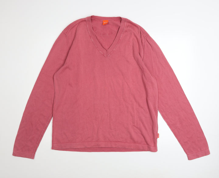Hugo Boss Men's Pink Cotton V-Neck Jumper XL