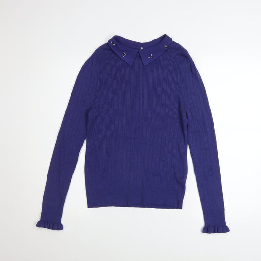 Next Women Blue Collared Knit Long Sleeve Jumper Size 14