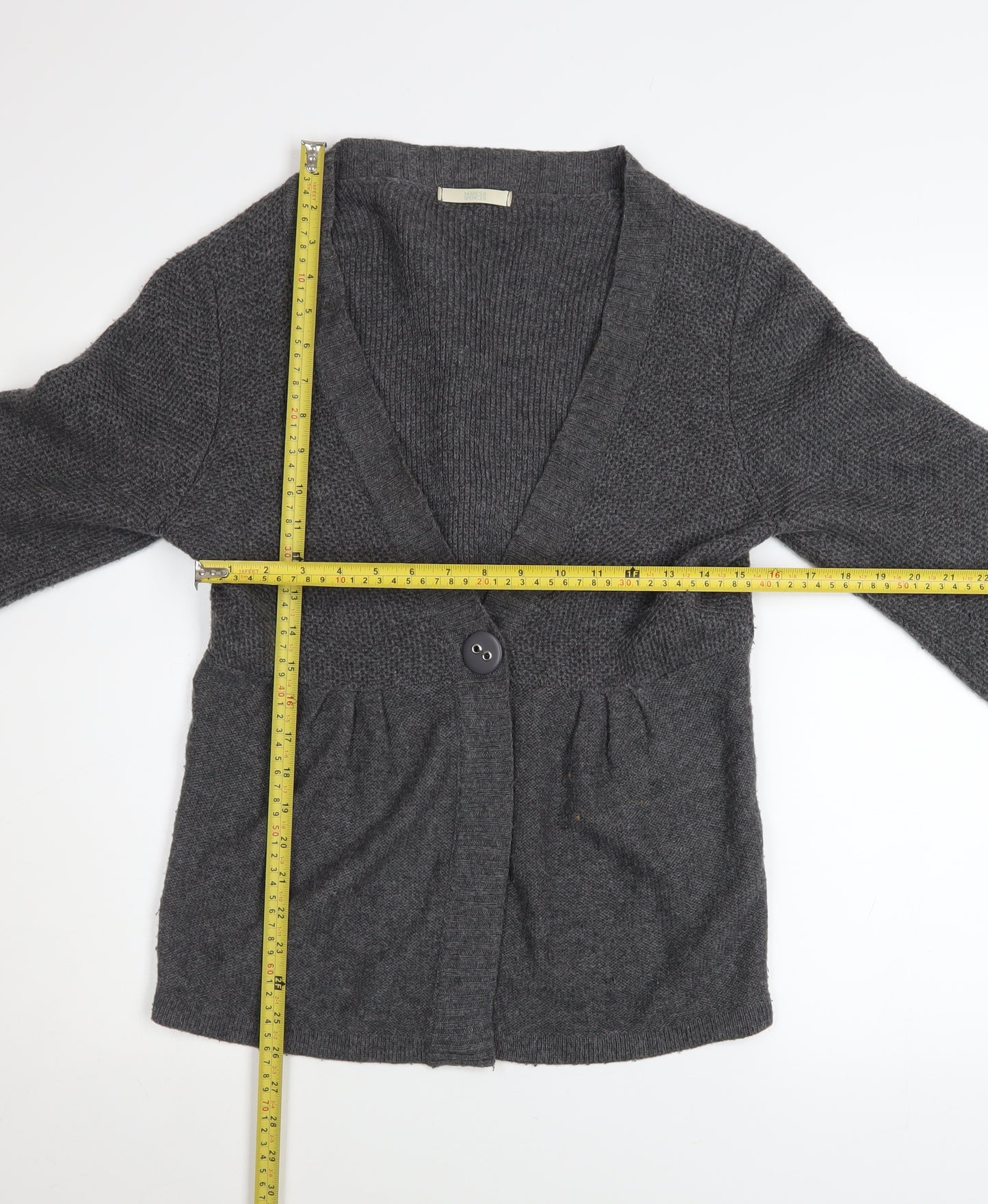 Marks and Spencer Women Grey Size 14 V-Neck Button Cardigan