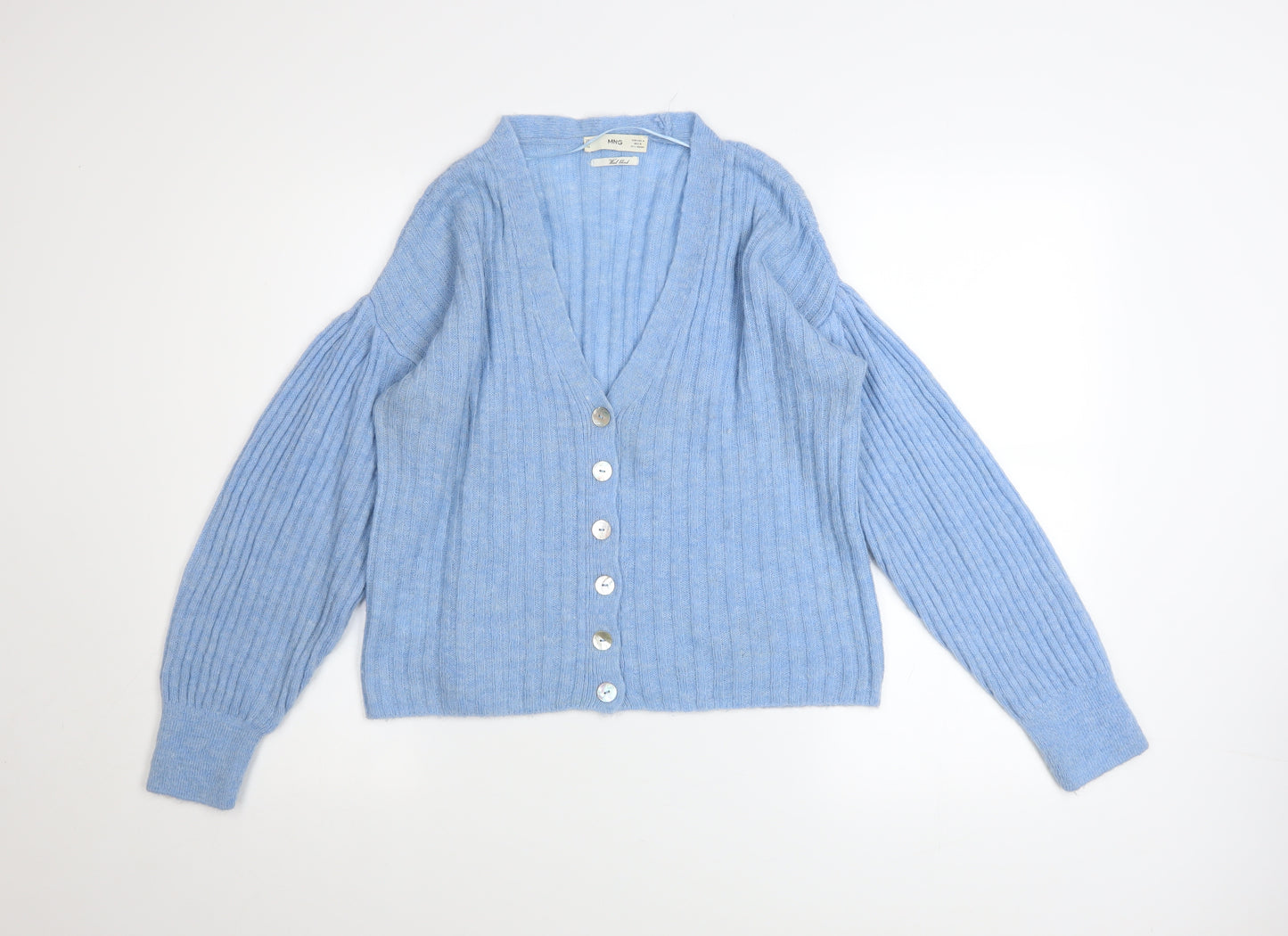 Mango Women’s Blue Wool Blend Ribbed V-Neck Cardigan Size M