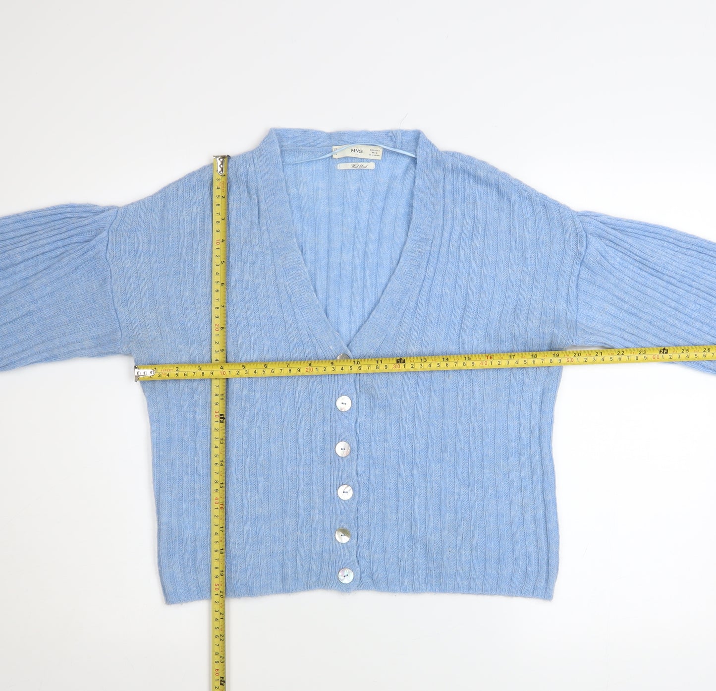 Mango Women’s Blue Wool Blend Ribbed V-Neck Cardigan Size M