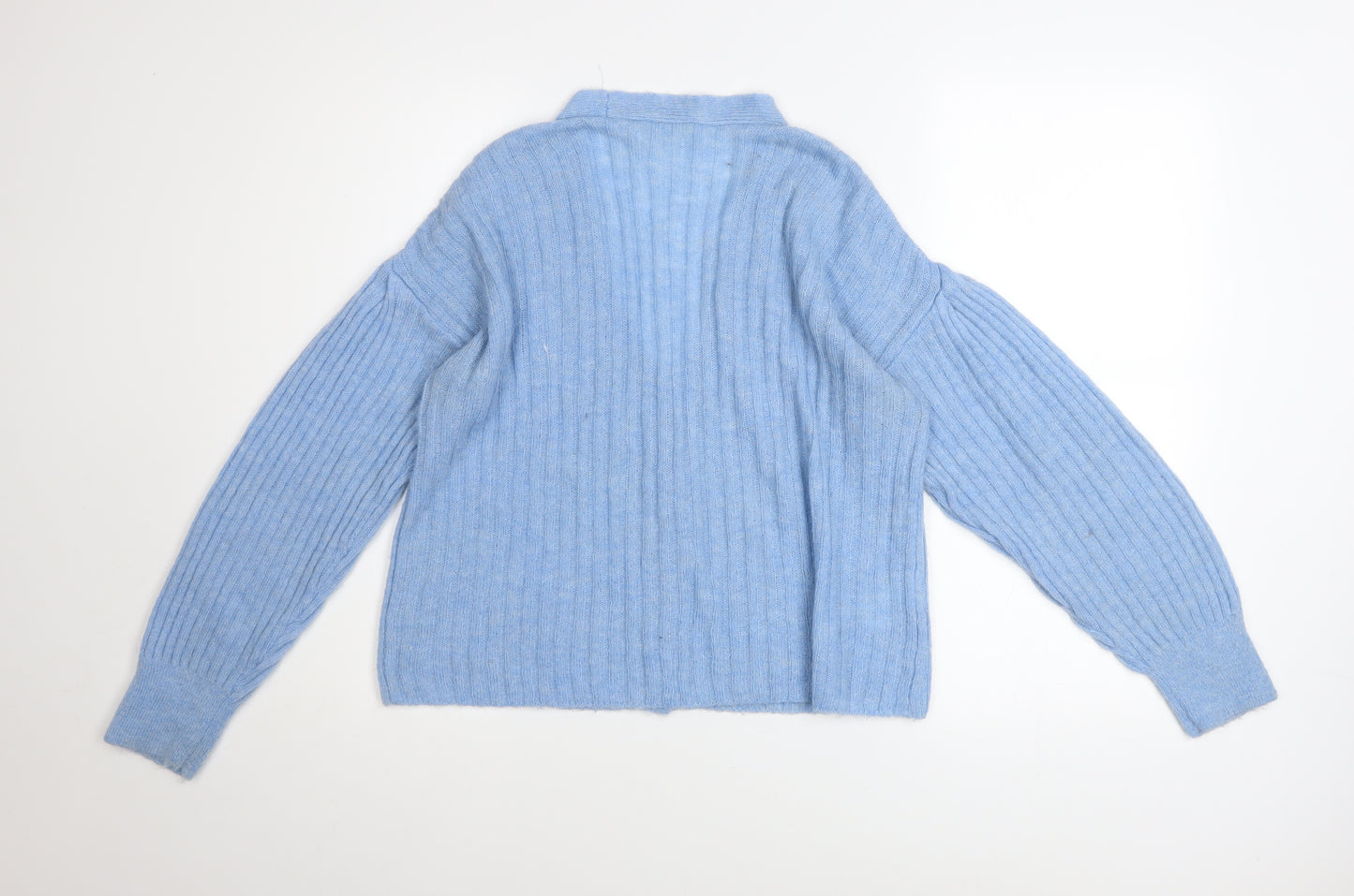 Mango Women’s Blue Wool Blend Ribbed V-Neck Cardigan Size M