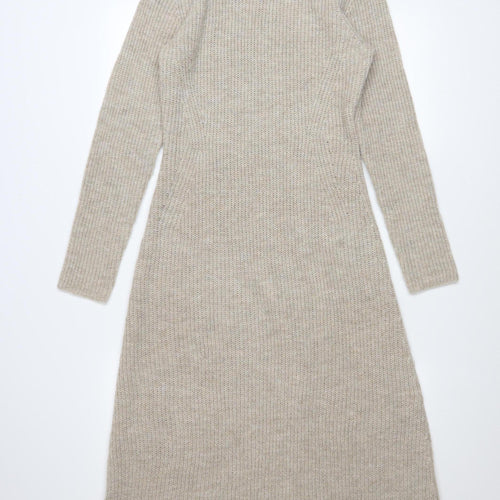 MNG Women Beige Knit Roll Neck Long Sleeve Midi Jumper Dress M