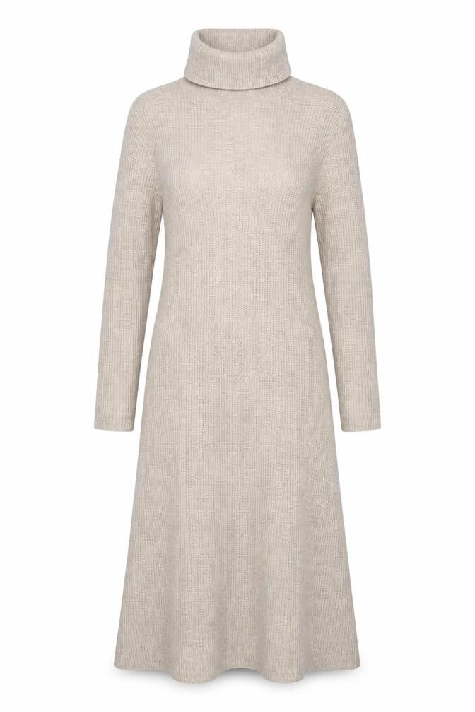 MNG Women Beige Knit Roll Neck Long Sleeve Midi Jumper Dress M