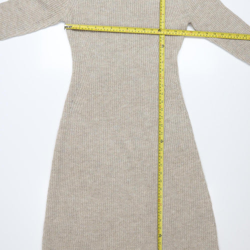 MNG Women Beige Knit Roll Neck Long Sleeve Midi Jumper Dress M
