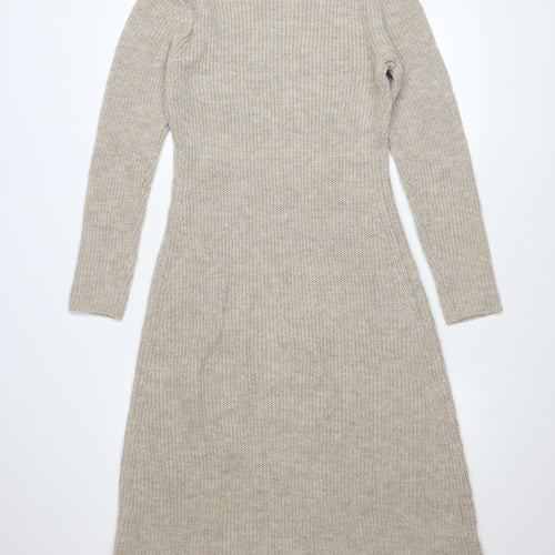 MNG Women Beige Knit Roll Neck Long Sleeve Midi Jumper Dress M